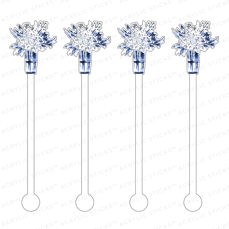 BLUE & WHITE ARRANGEMENT OF FLOWERS ACRYLIC STIR STICKS