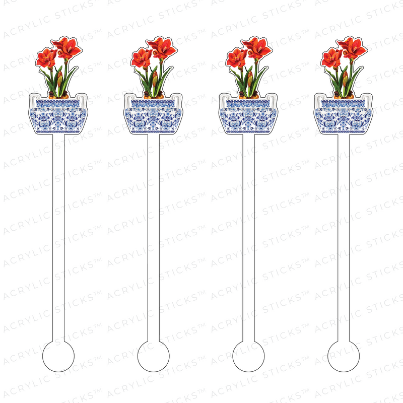 RED AMARYLLIS IN BLUE & WHITE PLANTER ACRYLIC STIR STICKS