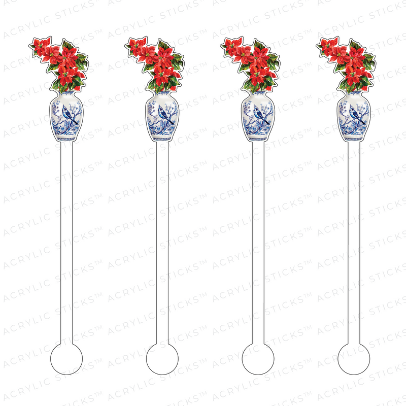 POINSETTIAS IN BLUE & WHITE GINGER JAR ACRYLIC STIR STICKS