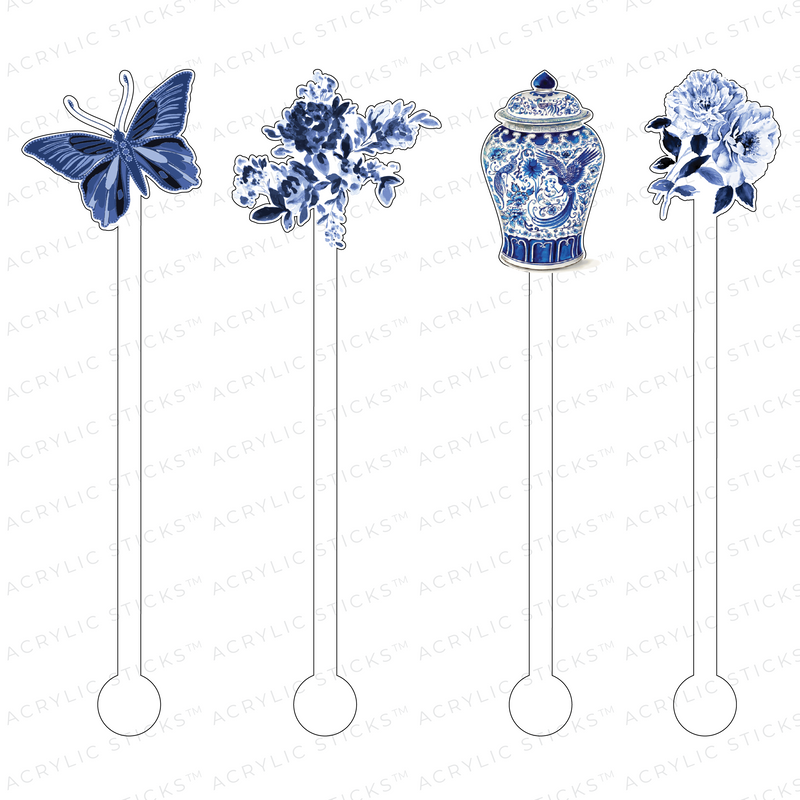 BLUE + WHITE NATURE GINGER JAR ACRYLIC STIR STICKS COMBO