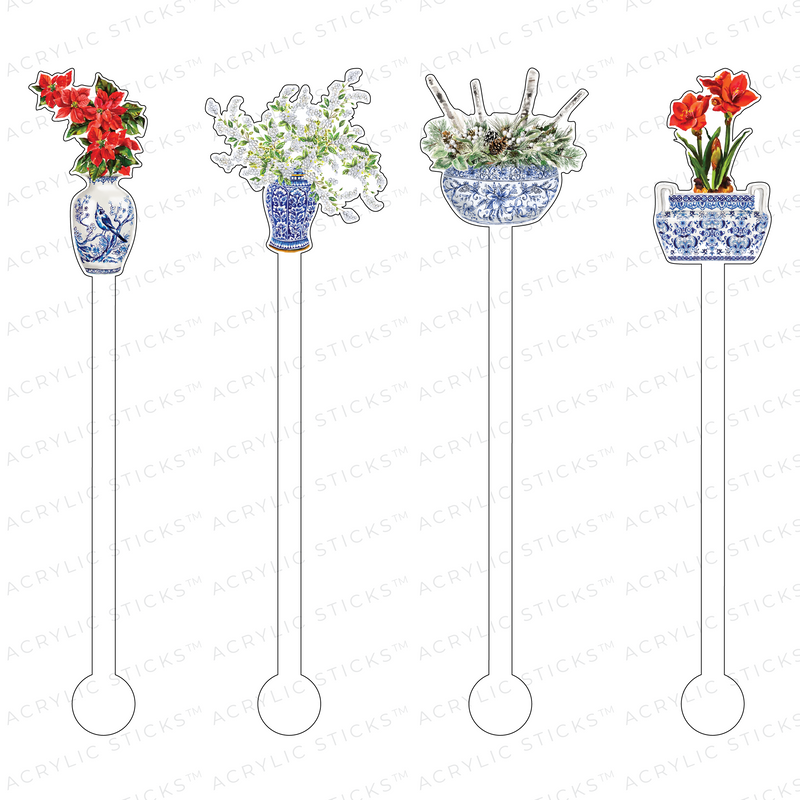 BLUE & WHITE HOLIDAY FLORALS ACRYLIC STIR STICKS COMBO