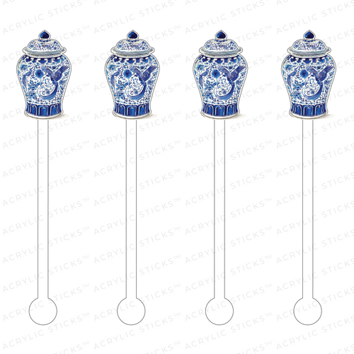WHITE + BLUE BIRDS GINGER JAR ACRYLIC STIR STICKS