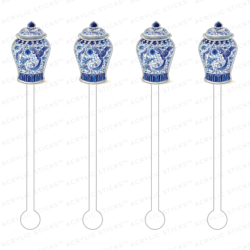 WHITE + BLUE BIRDS GINGER JAR ACRYLIC STIR STICKS