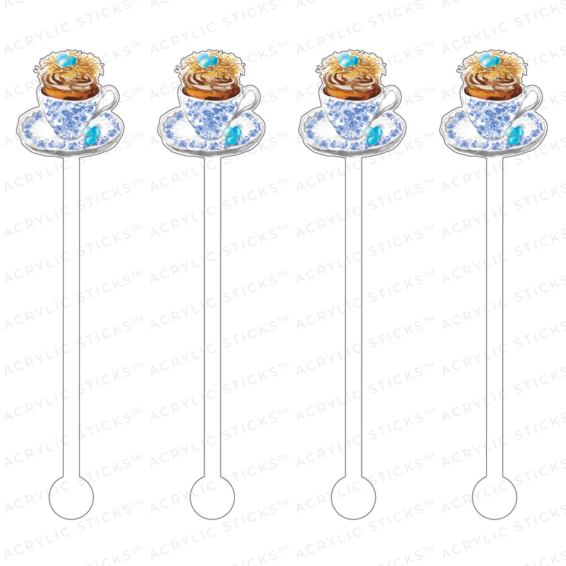 ROBIN'S EGG NEST CUPCAKE in BLUE & WHITE TEACUP ACRYLIC STIR STICKS