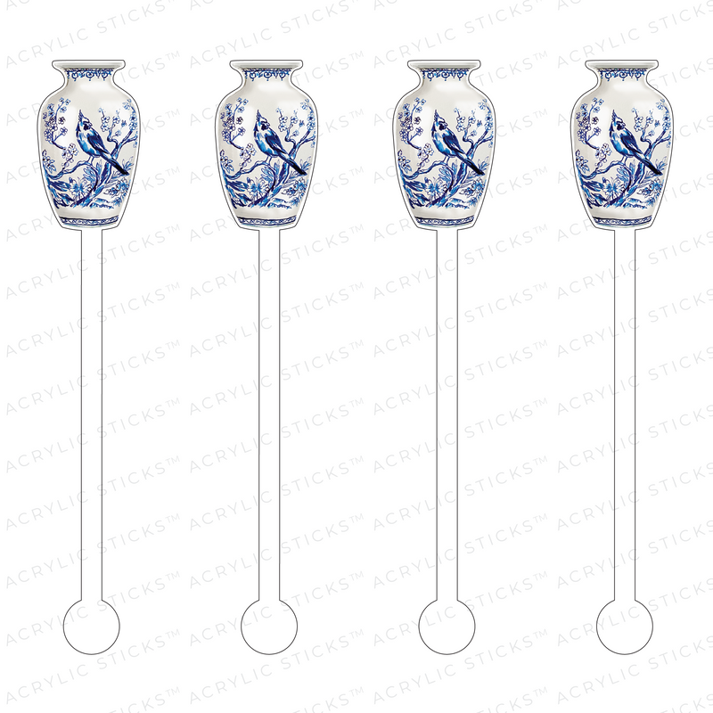 BLUE & WHITE BIRDY BLOSSOMS URN ACRYLIC STIR STICKS