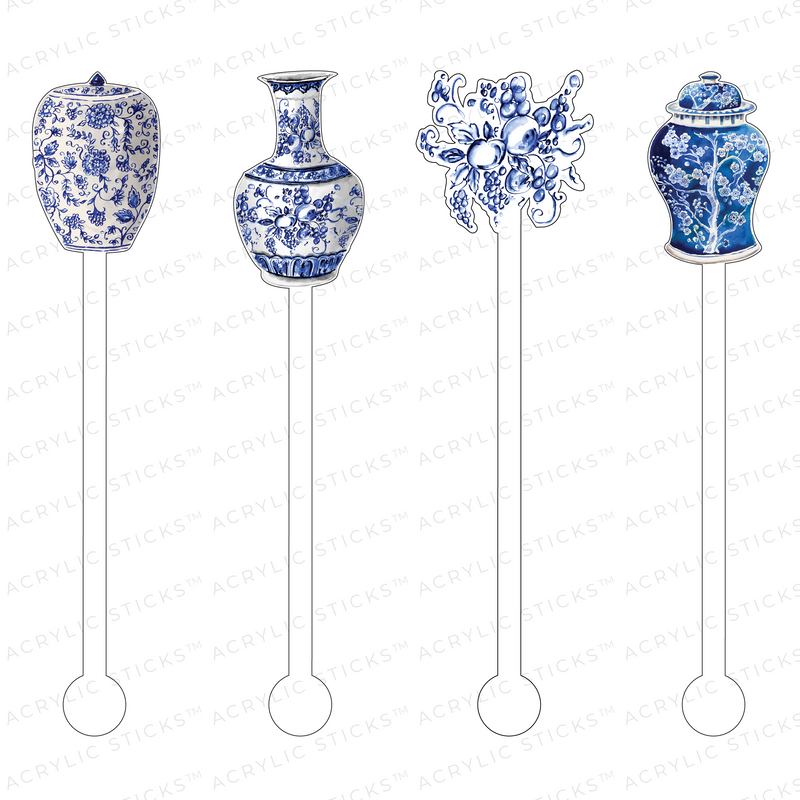 BLUE & WHITE FRUITFUL GINGER JAR ACRYLIC STIR STICKS COMBO