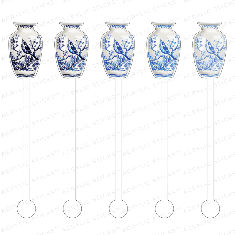 BLUE OMBRE BIRD GINGER JAR ACRYLIC STIR STICKS COMBO