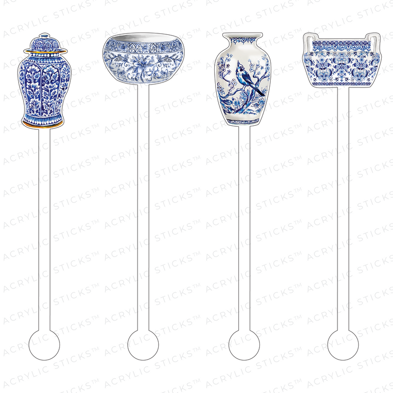 CLASSIC BLUE & WHITE URN/PLANTER ACRYLIC STIR STICKS COMBO