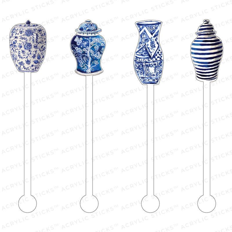 I LOVE BLUE & WHITE GINGER JARS ACRYLIC STIR STICKS COMBO