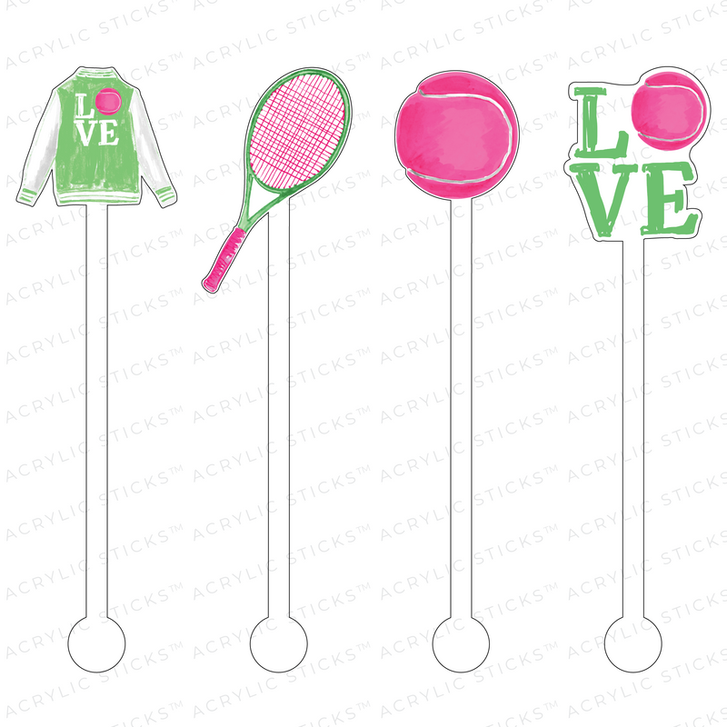 LOVE TENNIS GREEN + PINK ACRYLIC STIR STICKS COMBO