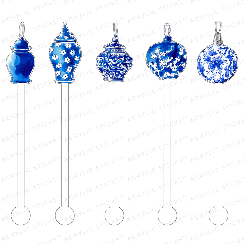 BLUE & WHITE BLOOMS ORNAMENTS ACRYLIC STIR STICKS COMBO