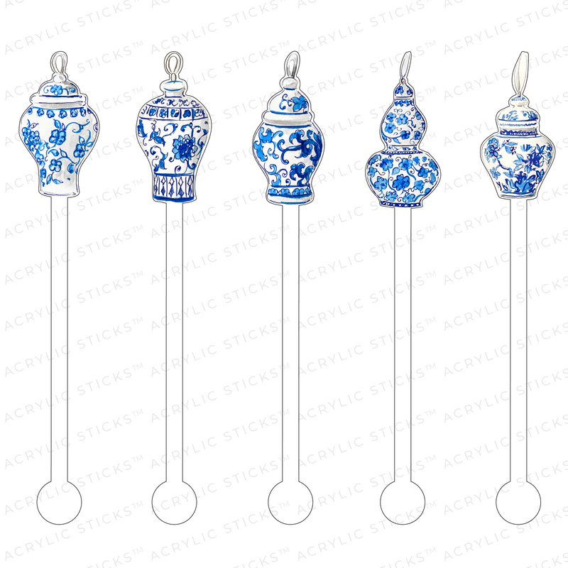 BLUE & WHITE CHINOISERIE ORNAMENTS ACRYLIC STIR STICKS COMBO