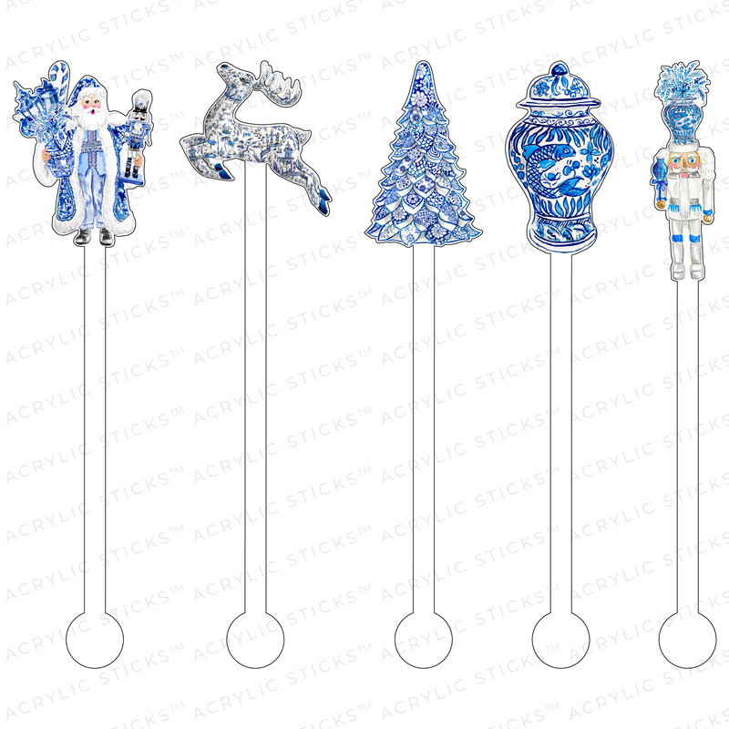 AN ELEGANT BLUE & WHITE CHINOISERIE CHRISTMAS ACRYLIC STIR STICKS COMBO
