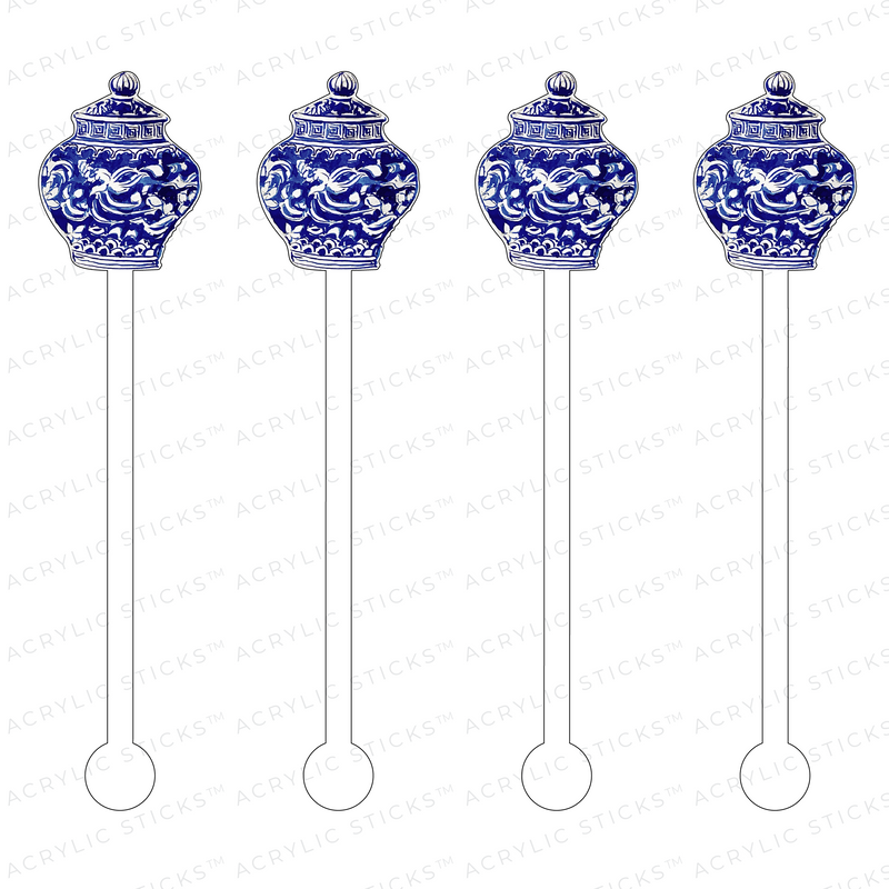 BLUE & WHITE FLORAL WAVES GINGER JAR ACRYLIC STIR STICKS
