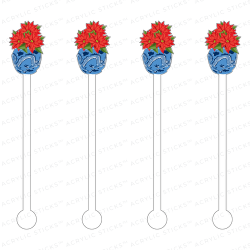 AS X SWEET CAROLINE DESIGNS BLUE DRAGON GINGER JAR with POINSETTIAS ACRYLIC STIR STICKS
