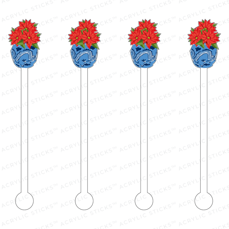 AS X SWEET CAROLINE DESIGNS BLUE DRAGON GINGER JAR with POINSETTIAS ACRYLIC STIR STICKS