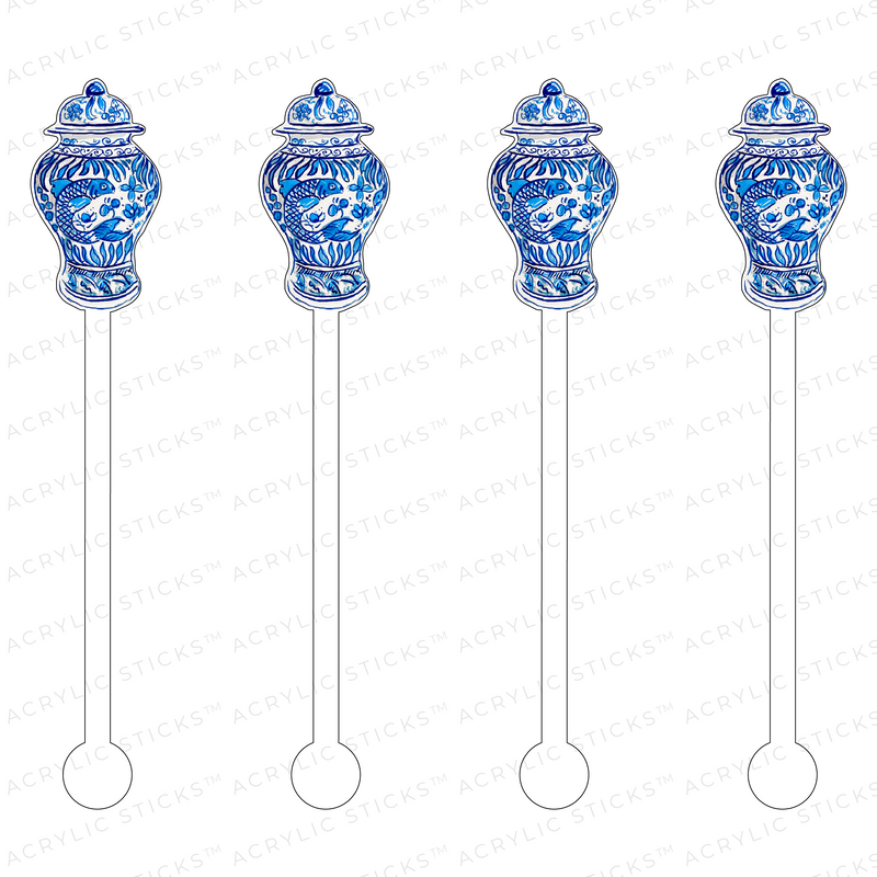 BLUE FISH BLOOMS GINGER JAR ACRYLIC STIR STICKS