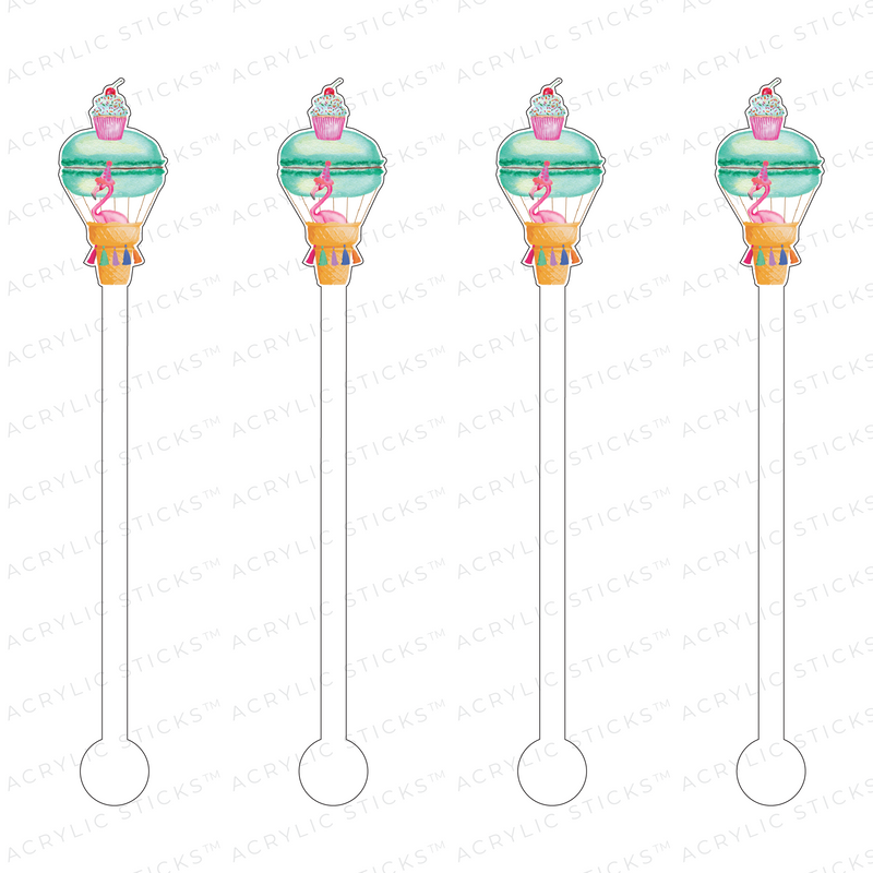 FRAN THE FLAMINGO IN A HOT AIR MACARON ACRYLIC STIR STICKS