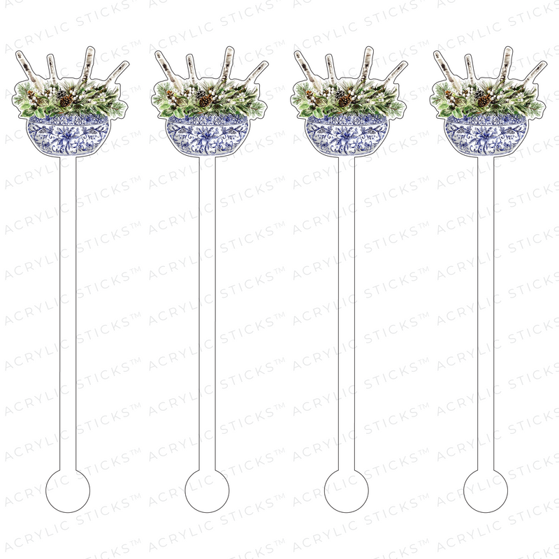 PINE CONES IN BLUE & WHITE URN ACRYLIC STIR STICKS