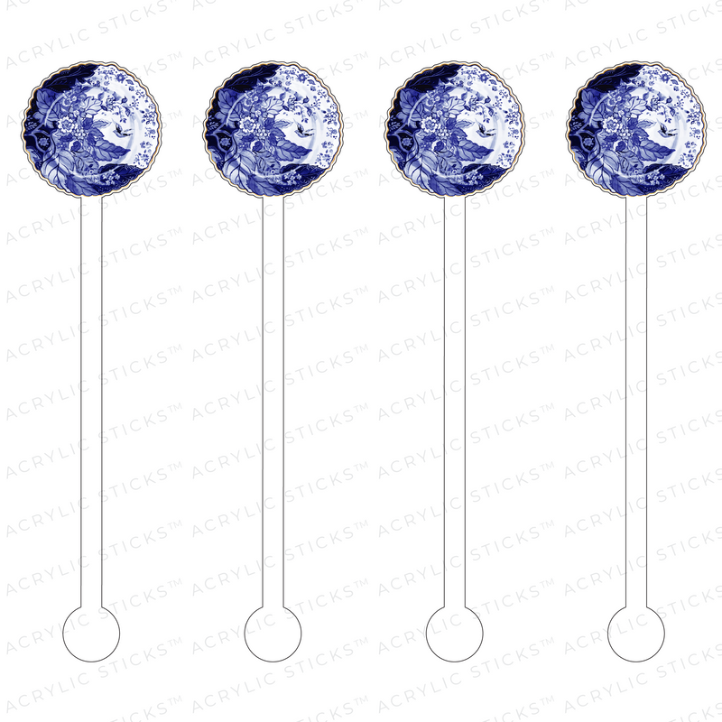 BLUE & WHITE FLORAL FLYING BIRD DECORATIVE PLATE ACRYLIC STIR STICKS