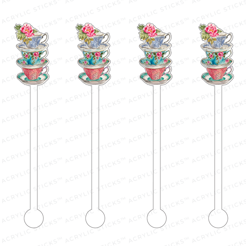 STACKED TEACUPS WITH FLOWER ACRYLIC STIR STICKS