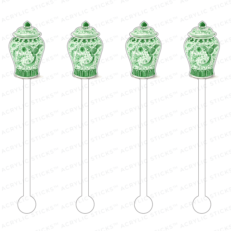 WHITE + GREEN BIRDS GINGER JAR ACRYLIC STIR STICKS