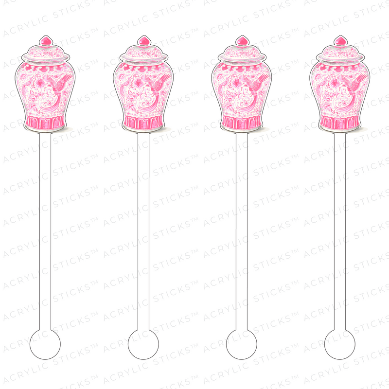 WHITE + SOFT PINK BIRDS GINGER JAR ACRYLIC STIR STICKS