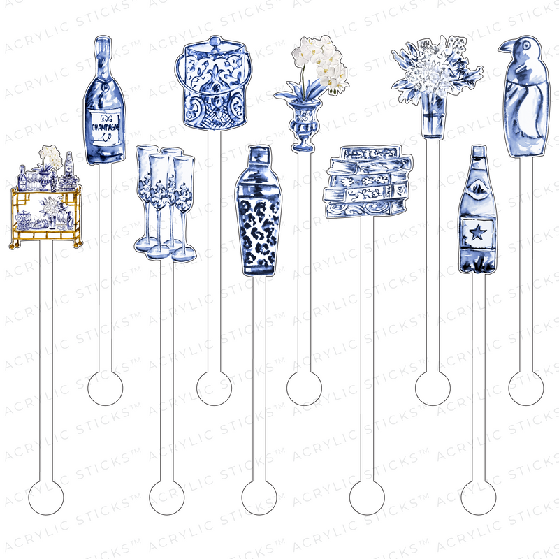 BLUE & WHITE FOREVER BAR CART & ACCESSORIES ACRYLIC STIR STICKS COMBO