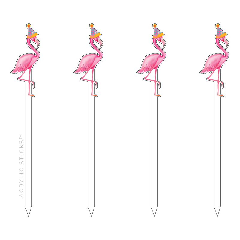 PINK + BLUE POLKA DOT PARTY HAT FLAMINGO ACRYLIC SKEWERS