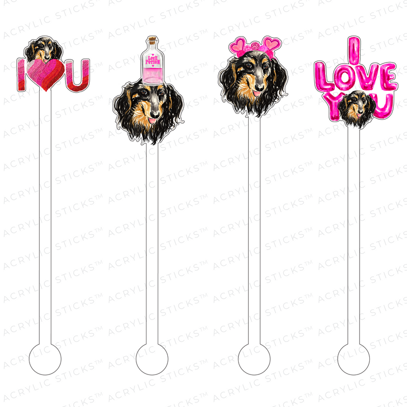 LONG-HAIRED DACHSHUND VALENTINE ACRYLIC STIR STICKS COMBO