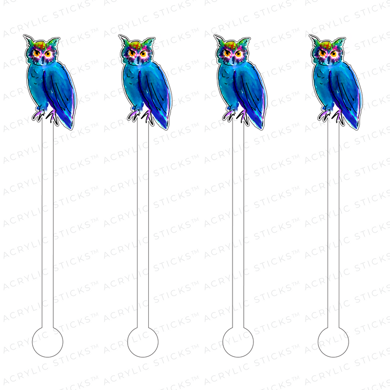 DARK BLUE & GREEN WATERCOLOR OWL ACRYLIC STIR STICKS