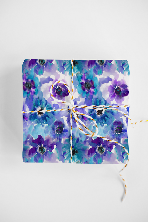 ORCHID BLUE WATERCOLOR ANEMONES DESIGNER GIFT WRAP ROLL