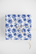 BLUE & WHITE GARDEN ROSES DESIGNER GIFT WRAP ROLL