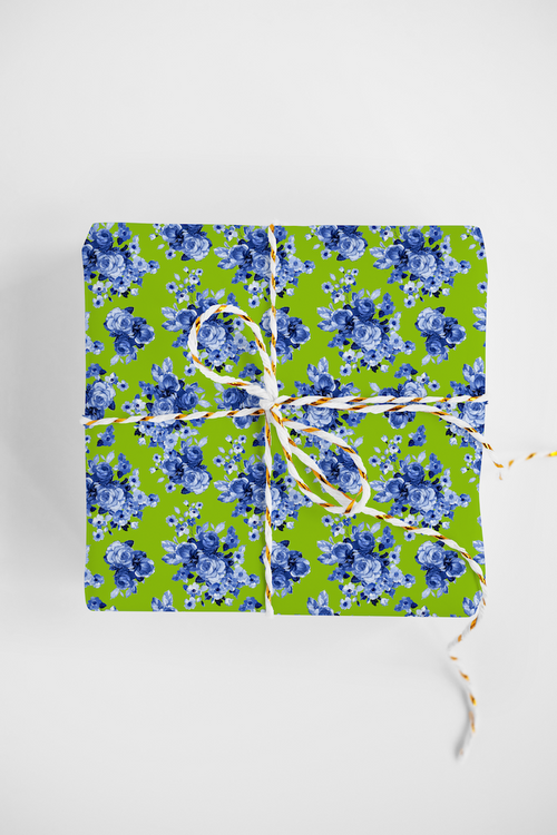 BLUE GARDEN ROSES ON LIME DESIGNER GIFT WRAP ROLL