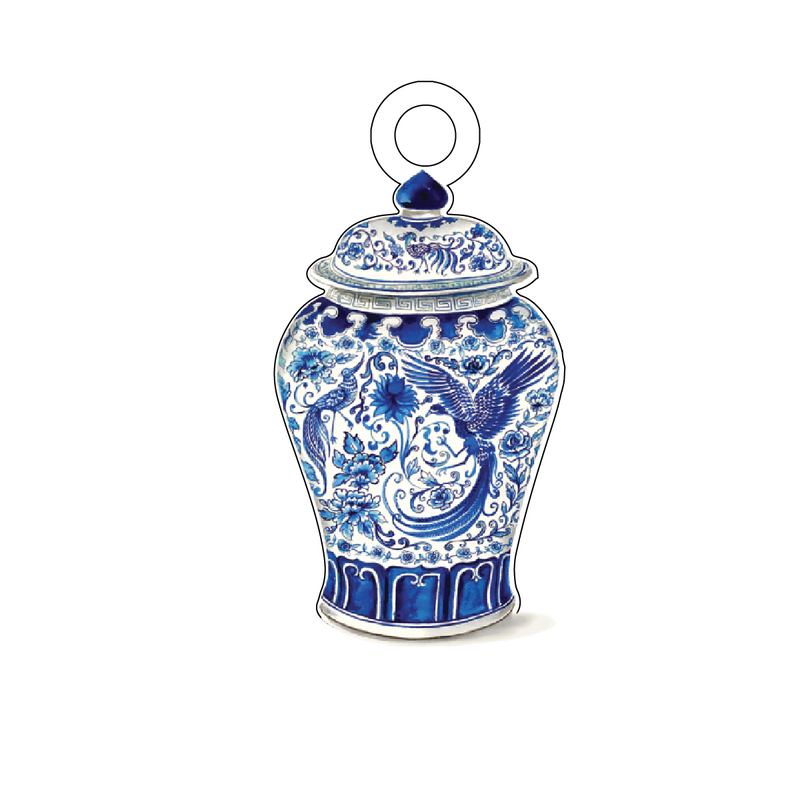 WHITE + BLUE BIRDS GINGER JAR ACRYLIC GIFT TAG