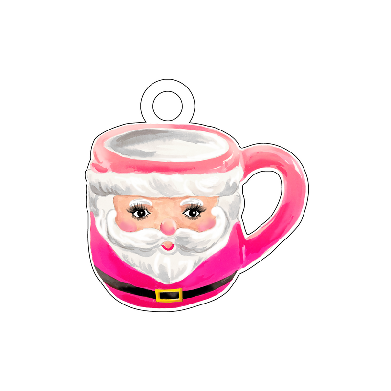 CUTE AS A BUTTON SANTA MUG PINK ACRYLIC GIFT TAG