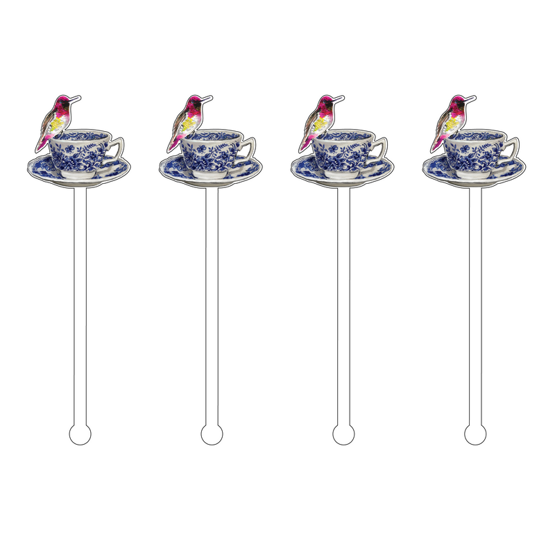 BLUE + WHITE BIRD TEACUP MINIKINS ACRYLIC STIR STICKS