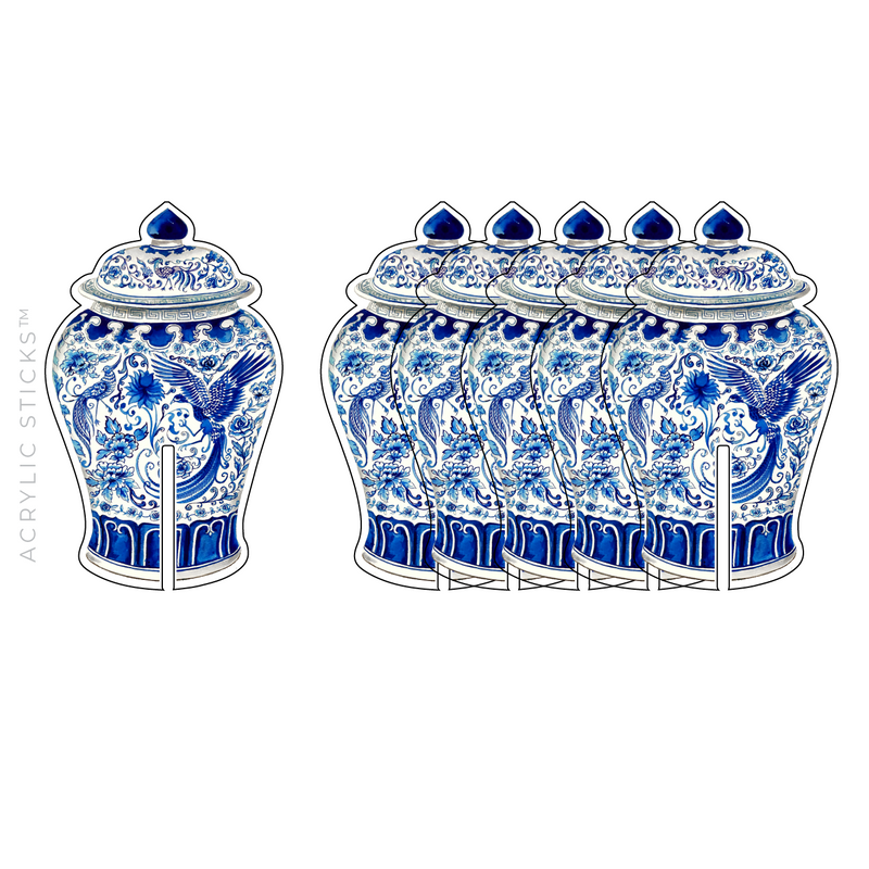 WHITE + BLUE BIRDS GINGER JAR ACRYLIC DRINK CLIPS
